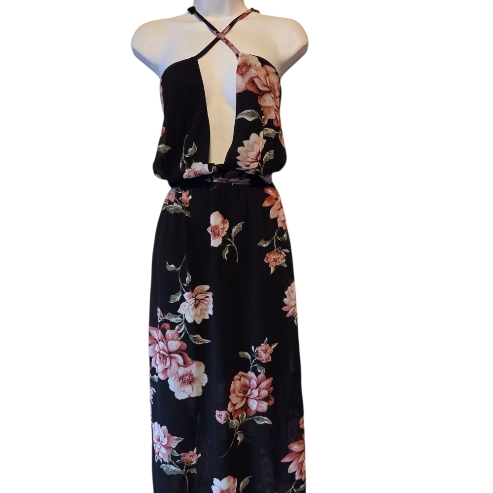 Fashion Nova Black and Pink Floral Halter Dress